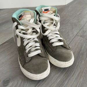 Nike Olive Suede High-Top Sneakers with White Accents and Teal Lining